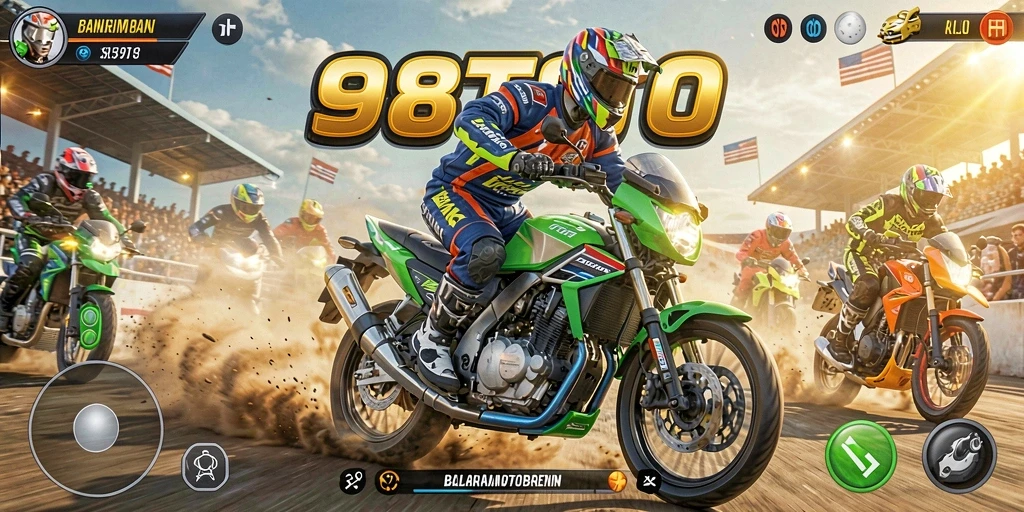 Screenshot gameplay 98TOTO dengan aksi balapan motor yang mendebarkan.