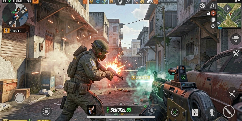 Screenshot gameplay mendebarkan BENGKEL69 saat pertempuran intens.