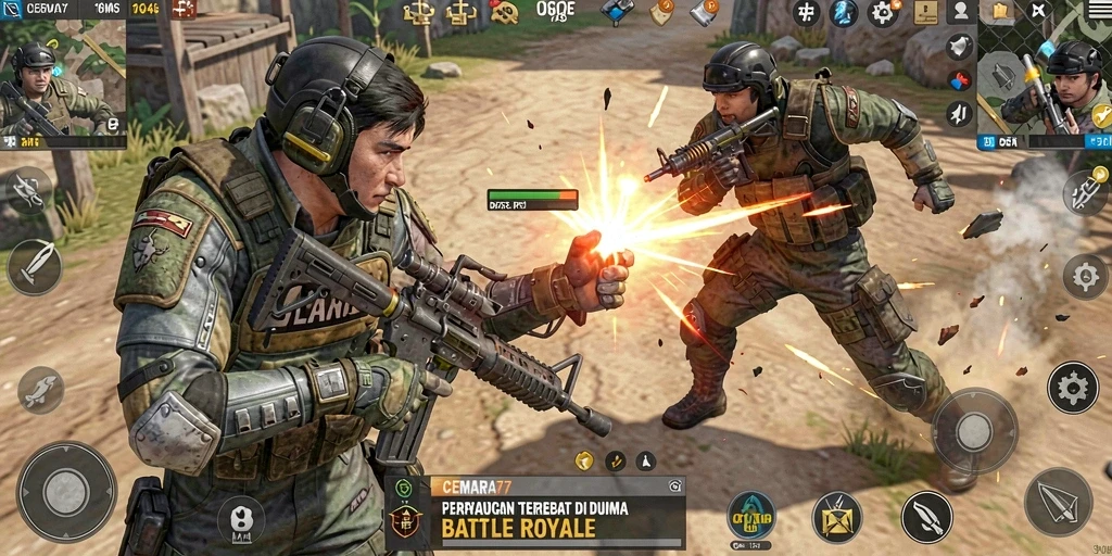 Screenshot gameplay CEMARA77 menunjukkan aksi Battle Royale yang mendebarkan.