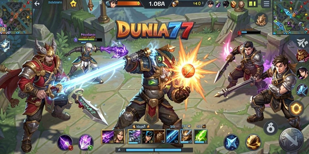Tampilan seru gameplay DUNIA77 dalam pertarungan MOBA.