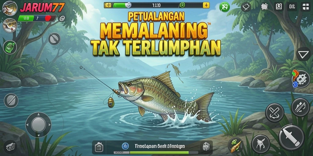 Screenshot gameplay JARUM77 yang menampilkan aksi seru memancing.
