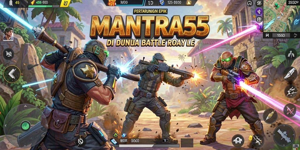 Tampilan aksi seru di <strong>MANTRA55</strong> saat bertarung dalam mode Battle Royale.
