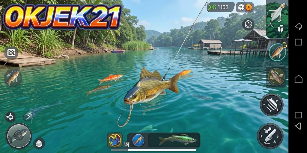 Tangkapan ikan yang menarik dalam gameplay OKJEK21 dengan grafis yang menawan.