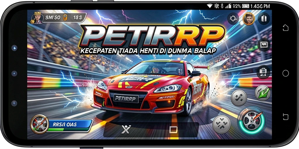 Gameplay PETIRRP yang penuh adrenalin dengan mobil balap cepat.