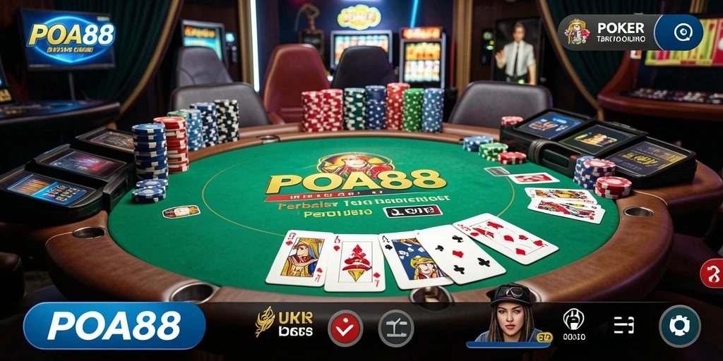 Screenshot gameplay POA88 dengan pemain berinteraksi di meja poker.
