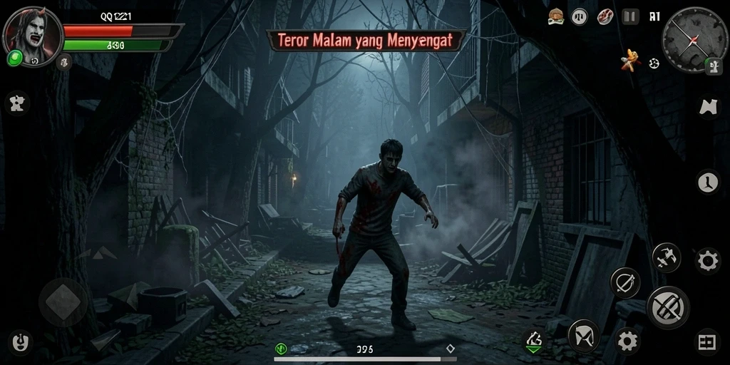 Screenshot gameplay QQ1221 menampilkan suasana mencekam dan karakter menyeramkan.