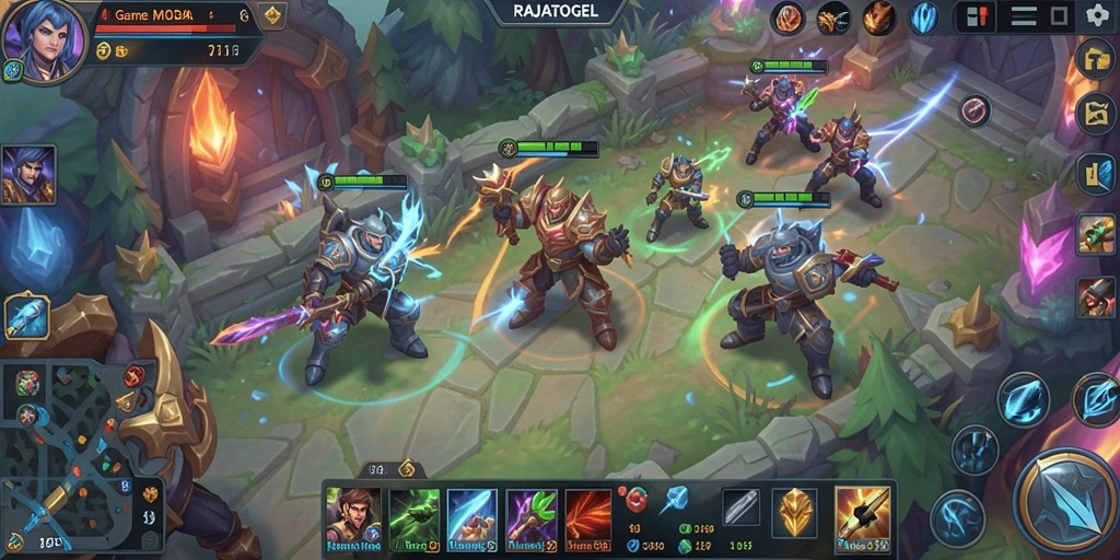 Gameplay seru dalam RAJATOGEL menunjukkan pertarungan antar hero.