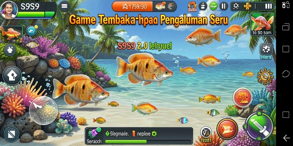 Tangkapan layar utama S9S9 menampilkan aksi tembak ikan yang seru.