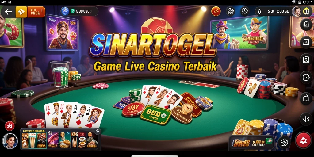 Screenshot gameplay SINARTOGEL dengan dealer langsung dan suasana kasino yang hidup.
