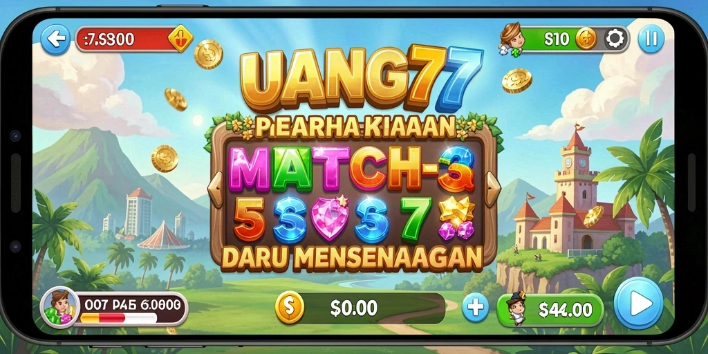 Tangkapan layar gameplay UANG77 yang menunjukkan aksi pencocokan Match-3.