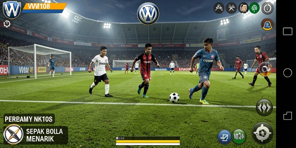 Screenshot utama VW108 menampilkan momen seru pertandingan sepak bola.